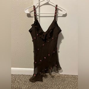 Vintage y2k asymmetrical beaded brown floral top with pink roses